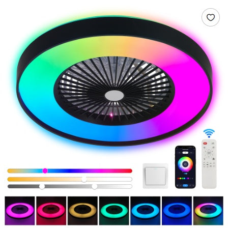 23 Inch Black Ceiling Fan Light With LED RGB
