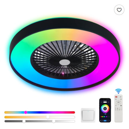 23 Inch Black Ceiling Fan Light With LED RGB